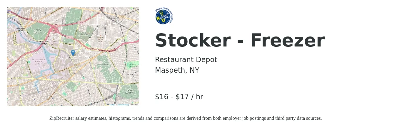 Restaurant Depot job posting for a Stocker - Freezer in Maspeth, NY with a salary of $17 to $18 Hourly with a map of Maspeth location.