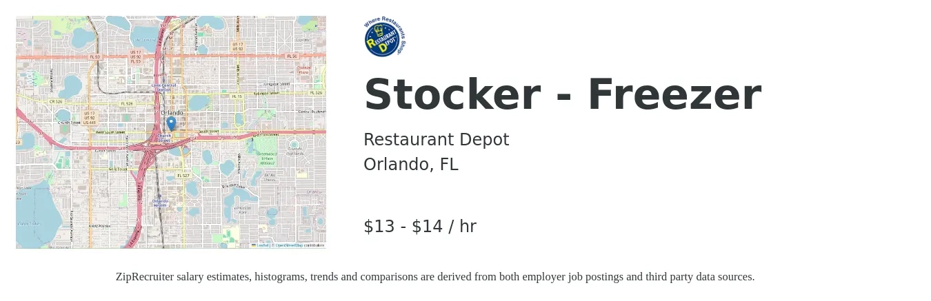 Restaurant Depot job posting for a Stocker - Freezer in Orlando, FL with a salary of $14 to $15 Hourly with a map of Orlando location.