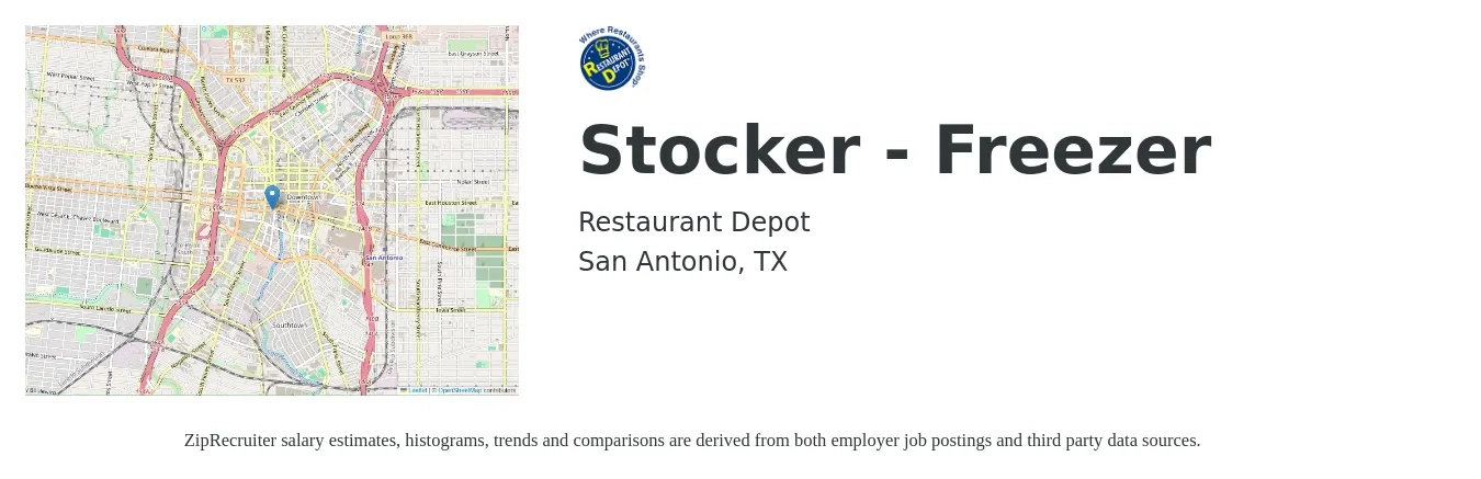 Restaurant Depot job posting for a Stocker - Freezer in San Antonio, TX with a salary of $13 to $16 Hourly with a map of San Antonio location.