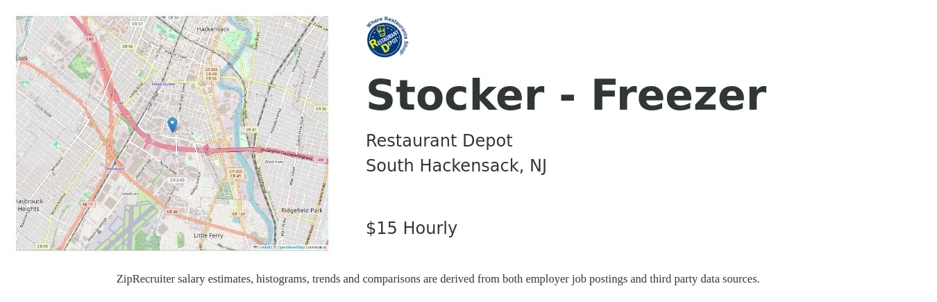 Restaurant Depot job posting for a Stocker - Freezer in South Hackensack, NJ with a salary of $16 to $16 Hourly with a map of South Hackensack location.
