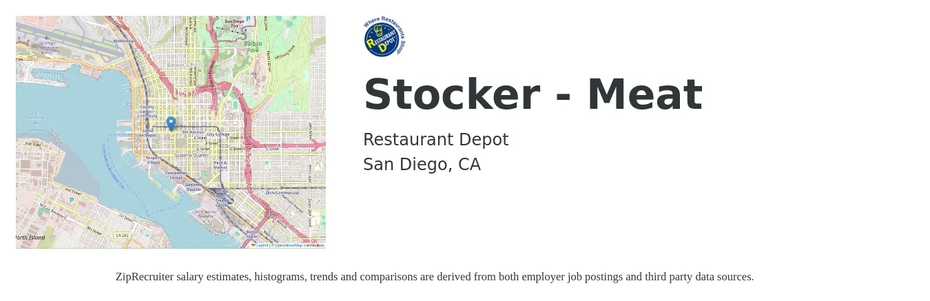 Restaurant Depot job posting for a Stocker - Meat in San Diego, CA with a salary of $14 Hourly with a map of San Diego location.
