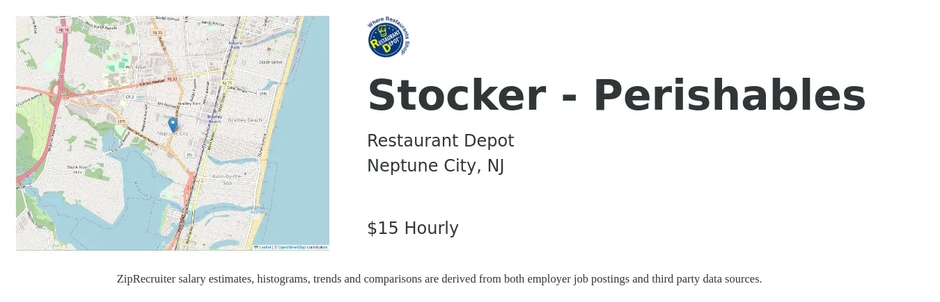 Restaurant Depot job posting for a Stocker - Perishables in Neptune City, NJ with a salary of $16 to $16 Hourly with a map of Neptune City location.