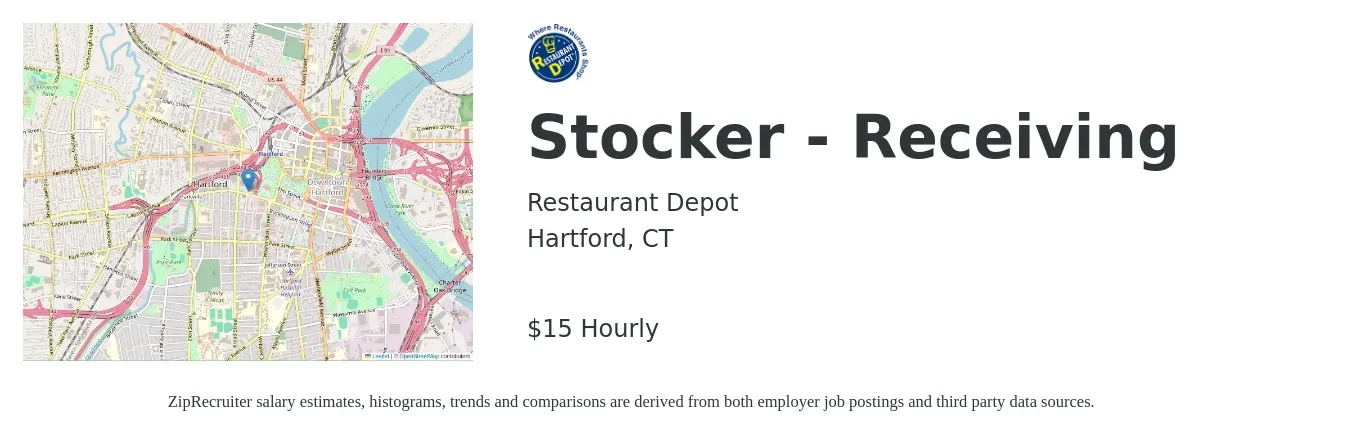 Restaurant Depot job posting for a Stocker - Receiving in Hartford, CT with a salary of $16 to $16 Hourly with a map of Hartford location.
