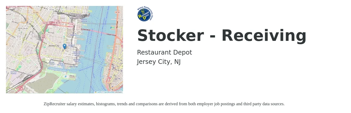 Restaurant Depot job posting for a Stocker - Receiving in Jersey City, NJ with a salary of $15 to $18 Hourly with a map of Jersey City location.