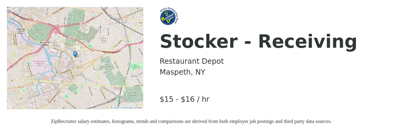 Restaurant Depot job posting for a Stocker - Receiving in Maspeth, NY with a salary of $16 to $17 Hourly with a map of Maspeth location.