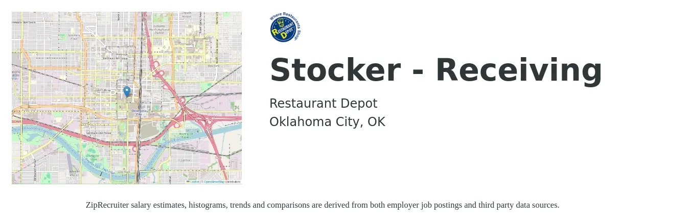 Restaurant Depot job posting for a Stocker - Receiving in Oklahoma City, OK with a salary of $11 to $14 Hourly with a map of Oklahoma City location.