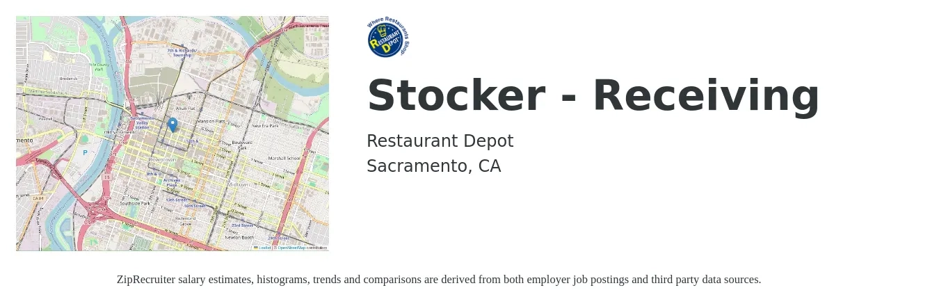 Restaurant Depot job posting for a Stocker - Receiving in Sacramento, CA with a salary of $15 to $19 Hourly with a map of Sacramento location.