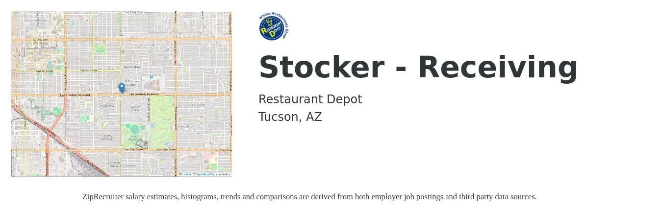 Restaurant Depot job posting for a Stocker - Receiving in Tucson, AZ with a salary of $12 to $15 Hourly with a map of Tucson location.