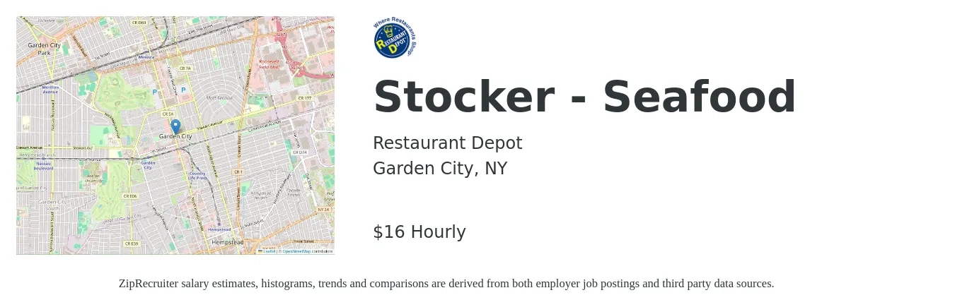Restaurant Depot job posting for a Stocker - Seafood in Garden City, NY with a salary of $17 to $17 Hourly with a map of Garden City location.