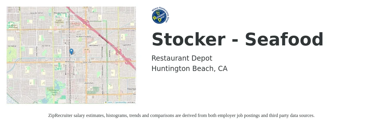 Restaurant Depot job posting for a Stocker - Seafood in Huntington Beach, CA with a salary of $14 to $18 Hourly with a map of Huntington Beach location.