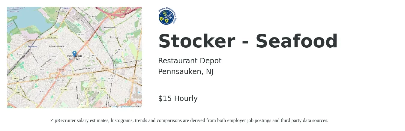 Restaurant Depot job posting for a Stocker - Seafood in Pennsauken, NJ with a salary of $16 to $16 Hourly with a map of Pennsauken location.
