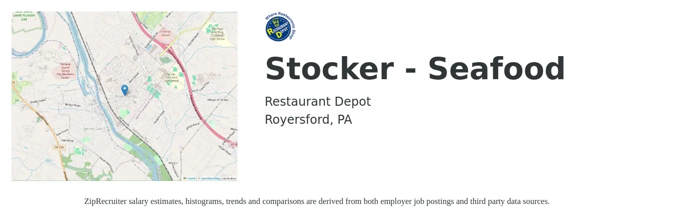 Restaurant Depot job posting for a Stocker - Seafood in Royersford, PA with a salary of $14 to $17 Hourly with a map of Royersford location.