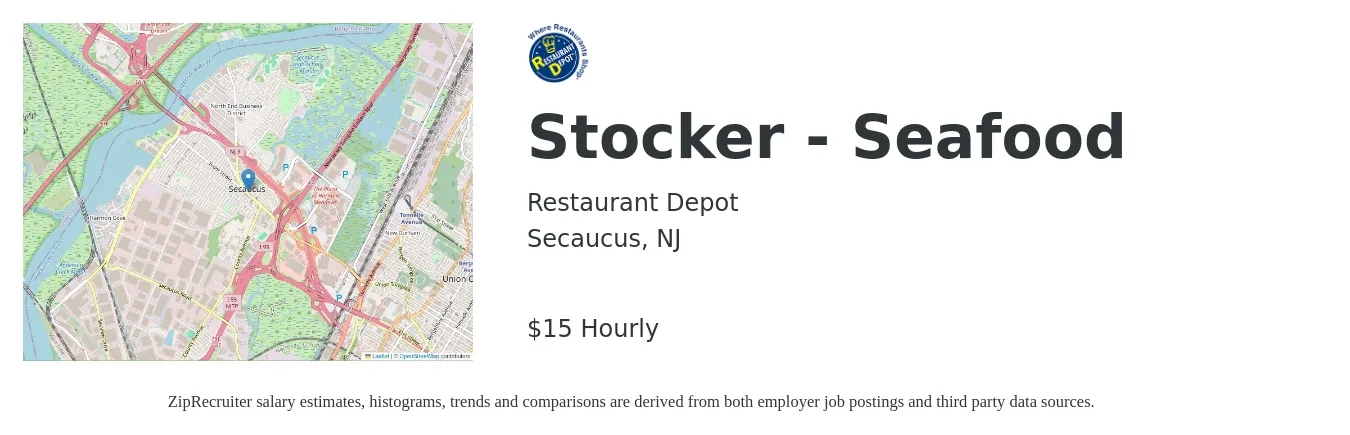 Restaurant Depot job posting for a Stocker - Seafood in Secaucus, NJ with a salary of $16 to $16 Hourly with a map of Secaucus location.