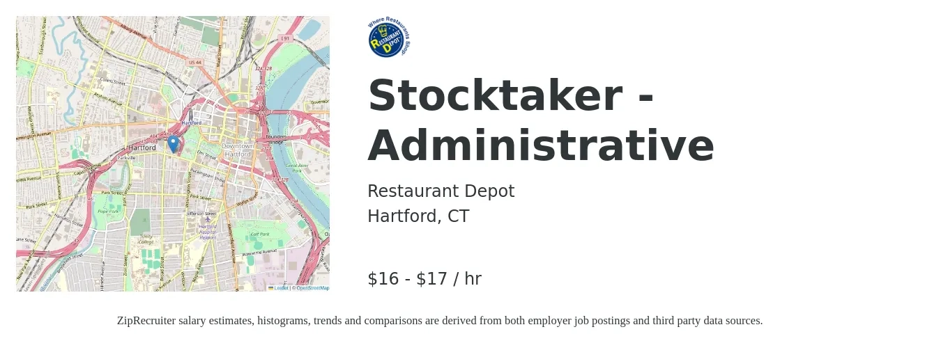 Restaurant Depot job posting for a Stocktaker - Administrative in Hartford, CT with a salary of $17 to $18 Hourly with a map of Hartford location.