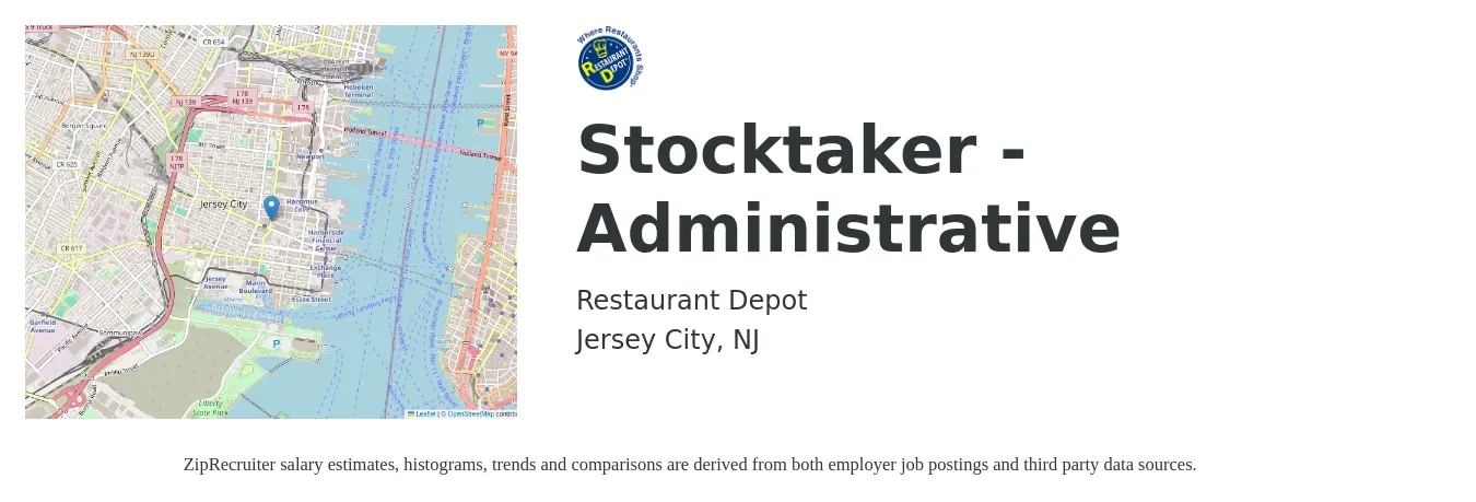 Restaurant Depot job posting for a Stocktaker - Administrative in Jersey City, NJ with a salary of $18 to $23 Hourly with a map of Jersey City location.