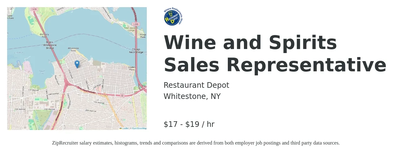 Restaurant Depot job posting for a Wine and Spirits Sales Representative in Whitestone, NY with a salary of $18 to $20 Hourly with a map of Whitestone location.