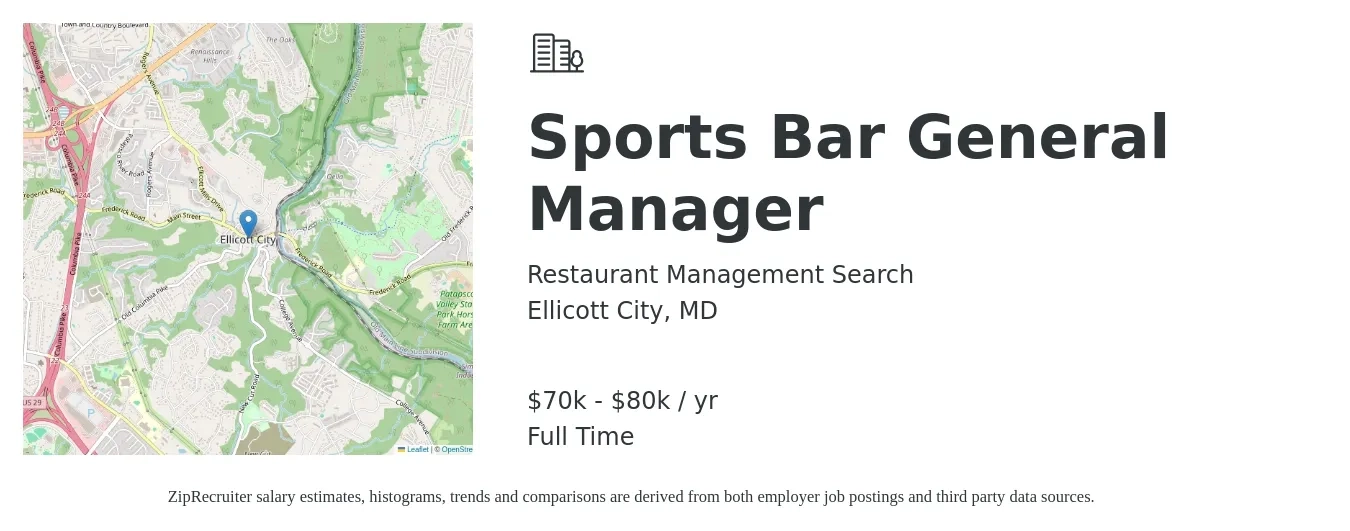 Restaurant Management Search job posting for a Sports Bar General Manager in Ellicott City, MD with a salary of $70,000 to $80,000 Yearly with a map of Ellicott City location.