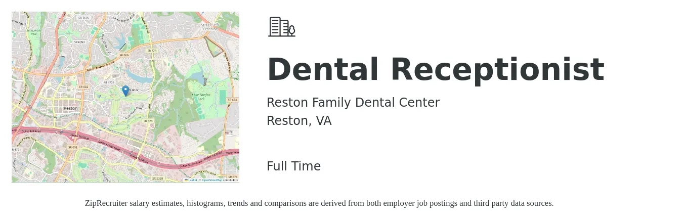 Reston Family Dental Center job posting for a Dental Receptionist in Reston, VA with a salary of $18 to $23 Hourly with a map of Reston location.