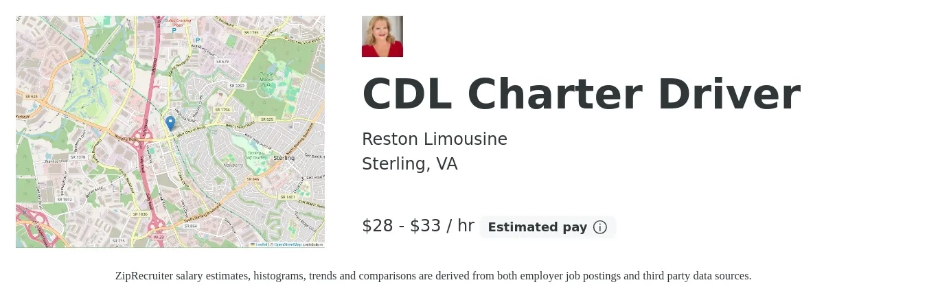 Reston Limousine job posting for a CDL Charter Driver in Sterling, VA with a salary of $30 to $35 Hourly with a map of Sterling location.