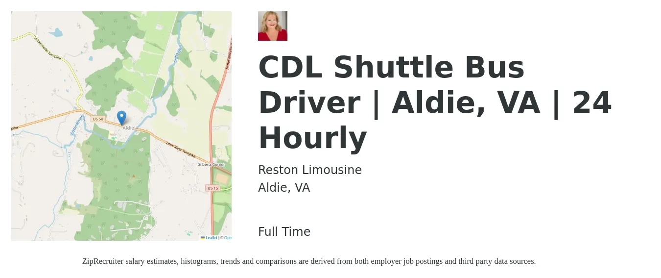 Reston Limousine job posting for a CDL Shuttle Bus Driver | Aldie, VA | 24 Hourly in Aldie, VA with a salary of $18 to $22 Hourly with a map of Aldie location.