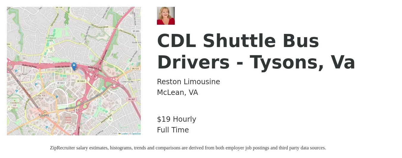 Reston Limousine job posting for a CDL Shuttle Bus Drivers - Tysons, Va in McLean, VA with a salary of $20 Hourly with a map of McLean location.