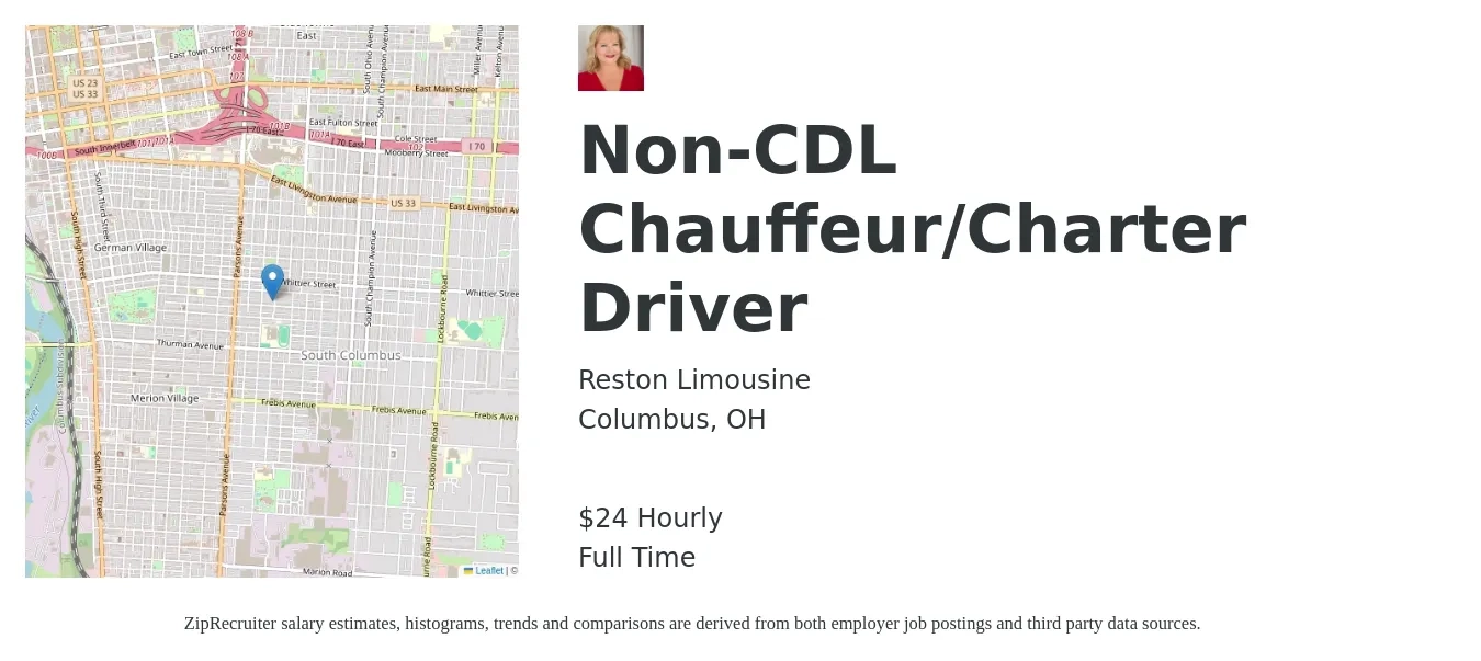 Reston Limousine job posting for a Non-CDL Chauffeur/Charter Driver in Columbus, OH with a salary of $25 Hourly with a map of Columbus location.