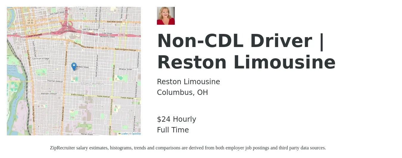 Reston Limousine job posting for a Non-CDL Driver | Reston Limousine in Columbus, OH with a salary of $25 Hourly with a map of Columbus location.