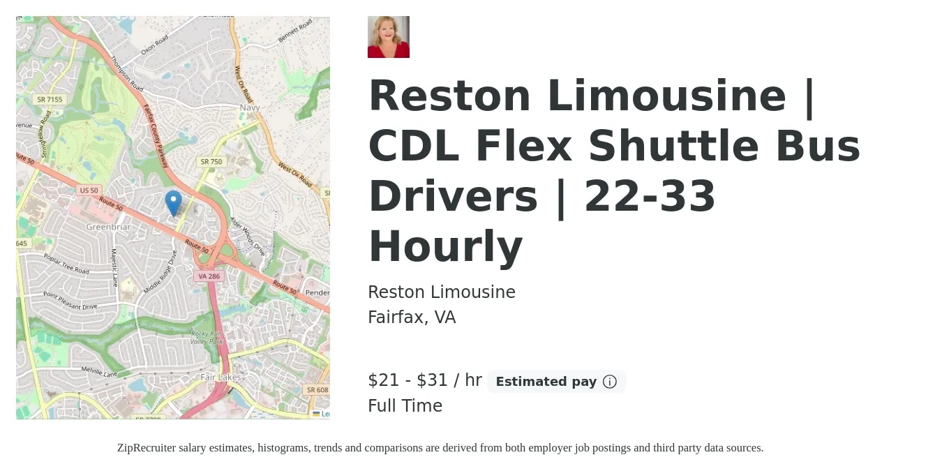 Reston Limousine job posting for a Reston Limousine | CDL Flex Shuttle Bus Drivers | 22-33 Hourly in Fairfax, VA with a salary of $33 Hourly with a map of Fairfax location.