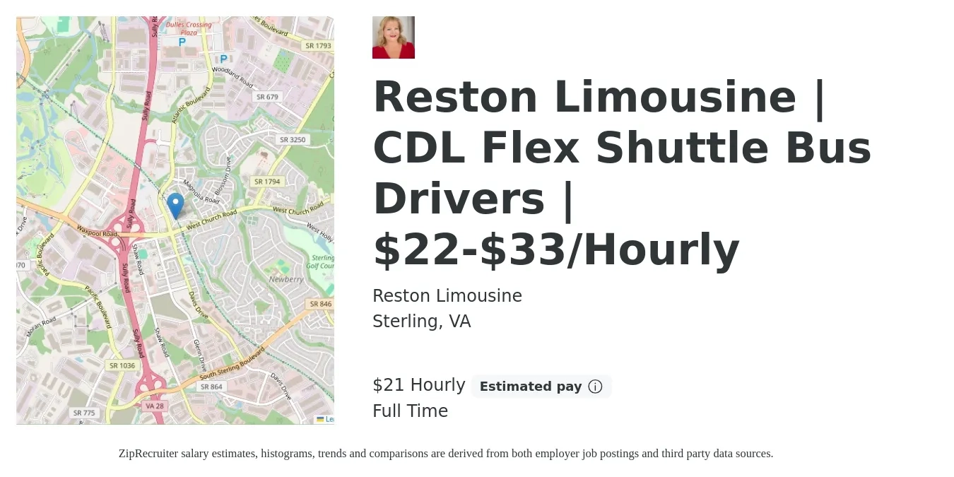 Reston Limousine job posting for a Reston Limousine | CDL Flex Shuttle Bus Drivers | $22-$33/Hourly in Sterling, VA with a salary of $22 Hourly with a map of Sterling location.