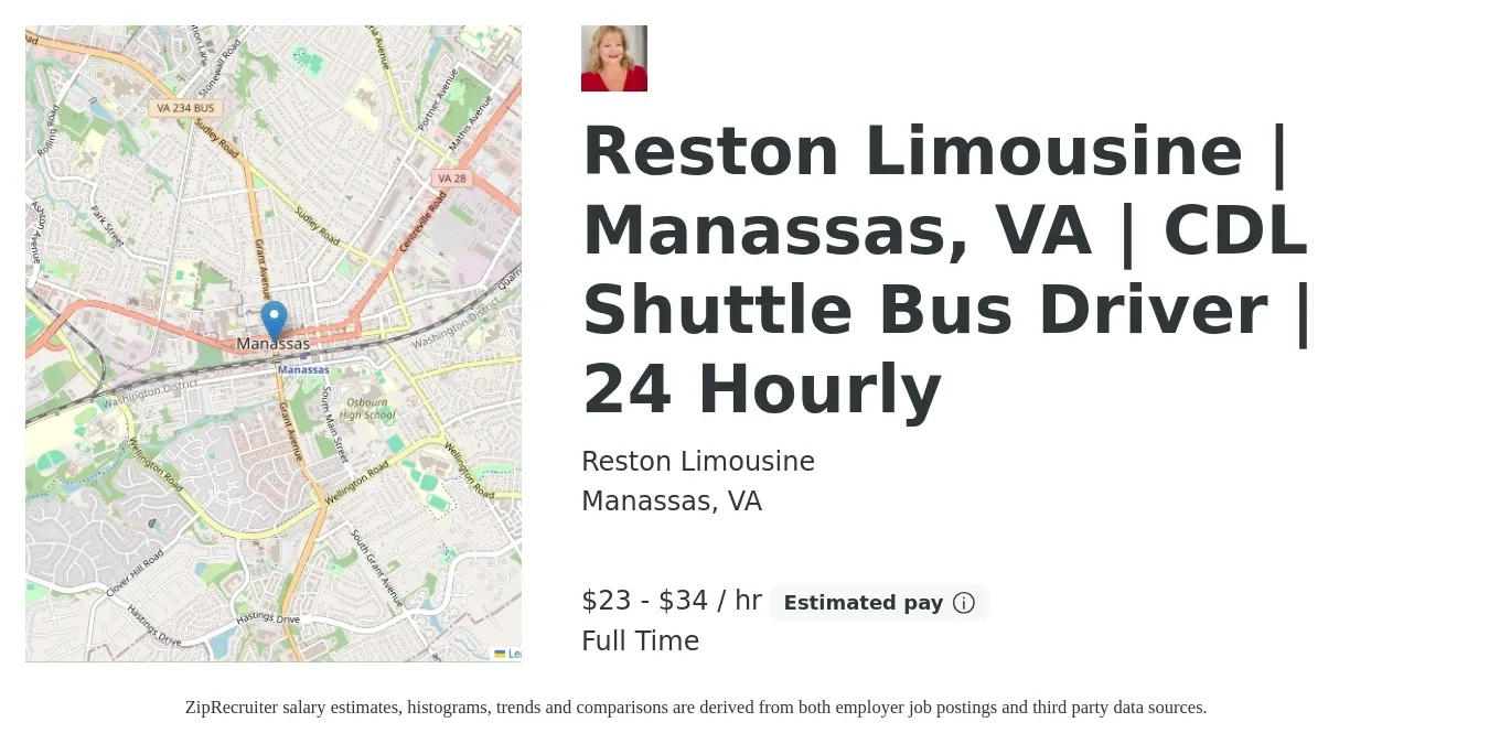 Reston Limousine job posting for a Reston Limousine | Manassas, VA | CDL Shuttle Bus Driver | 24 Hourly in Manassas, VA with a salary of $24 to $36 Hourly with a map of Manassas location.