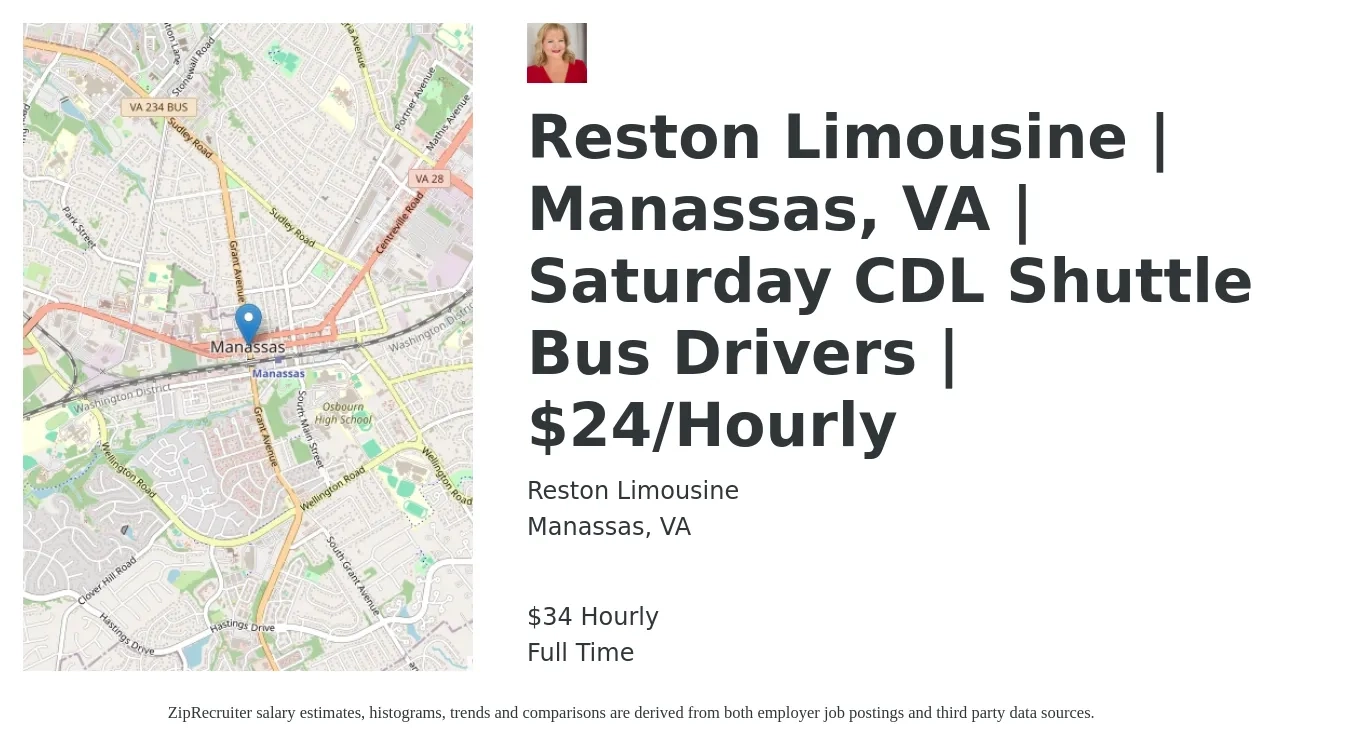 Reston Limousine job posting for a Reston Limousine | Manassas, VA | Saturday CDL Shuttle Bus Drivers | 24 Hourly in Manassas, VA with a salary of $36 Hourly with a map of Manassas location.