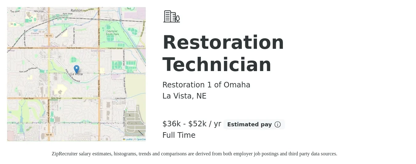 Restoration 1 of Omaha job posting for a Restoration Technician in La Vista, NE with a salary of $36,000 to $52,000 Yearly with a map of La Vista location.