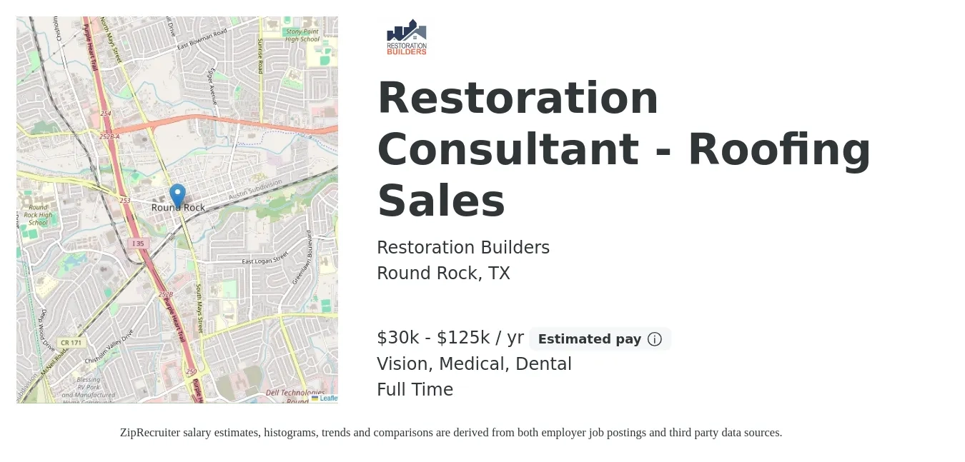 Restoration Builders, Inc. job posting for a Restoration Consultant - Roofing Sales in Round Rock, TX with a salary of $42,000 to $135,000 Yearly with a map of Round Rock location.