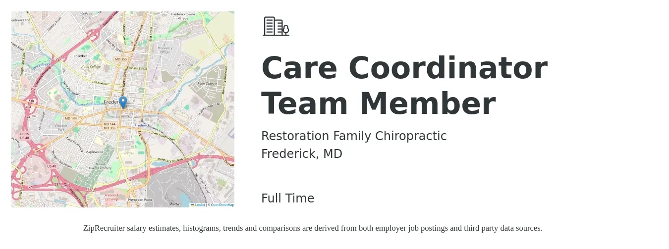 Restoration Family Chiropractic job posting for a Care Coordinator Team Member in Frederick, MD with a salary of $18 to $24 Hourly with a map of Frederick location.