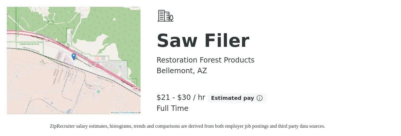 Restoration Forest Products job posting for a Saw Filer in Bellemont, AZ with a salary of $25 to $32 Hourly with a map of Bellemont location.