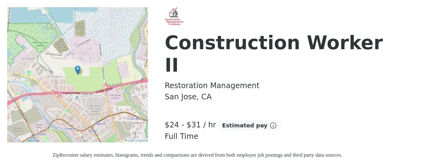 Restoration Management job posting for a Construction Worker II in San Jose, CA with a salary of $25 to $33 Hourly with a map of San Jose location.