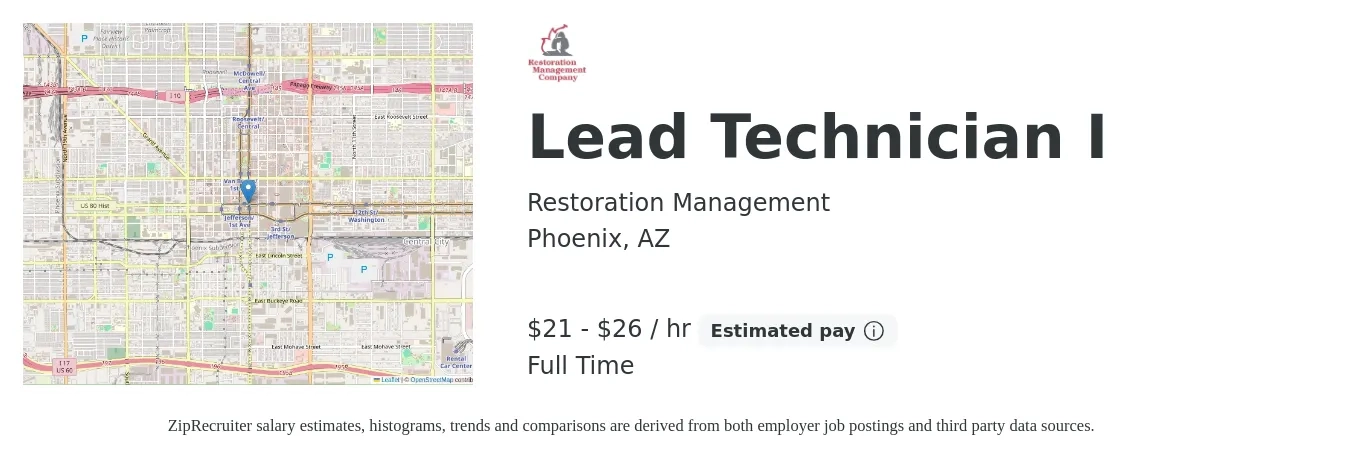 Restoration Management job posting for a Lead Technician I in Phoenix, AZ with a salary of $22 to $27 Hourly with a map of Phoenix location.