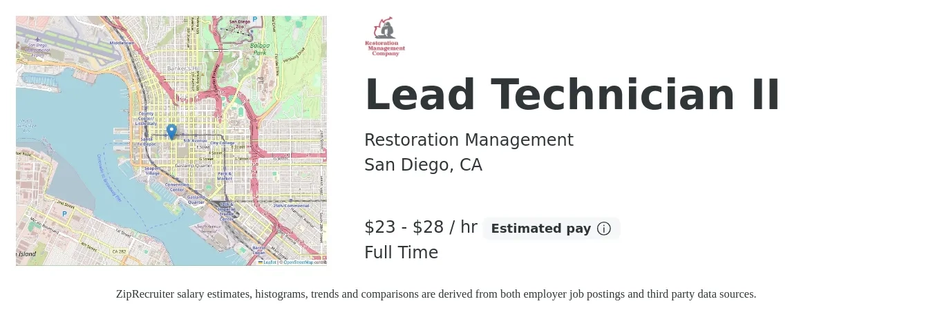 Restoration Management job posting for a Lead Technician II in San Diego, CA with a salary of $24 to $30 Hourly with a map of San Diego location.