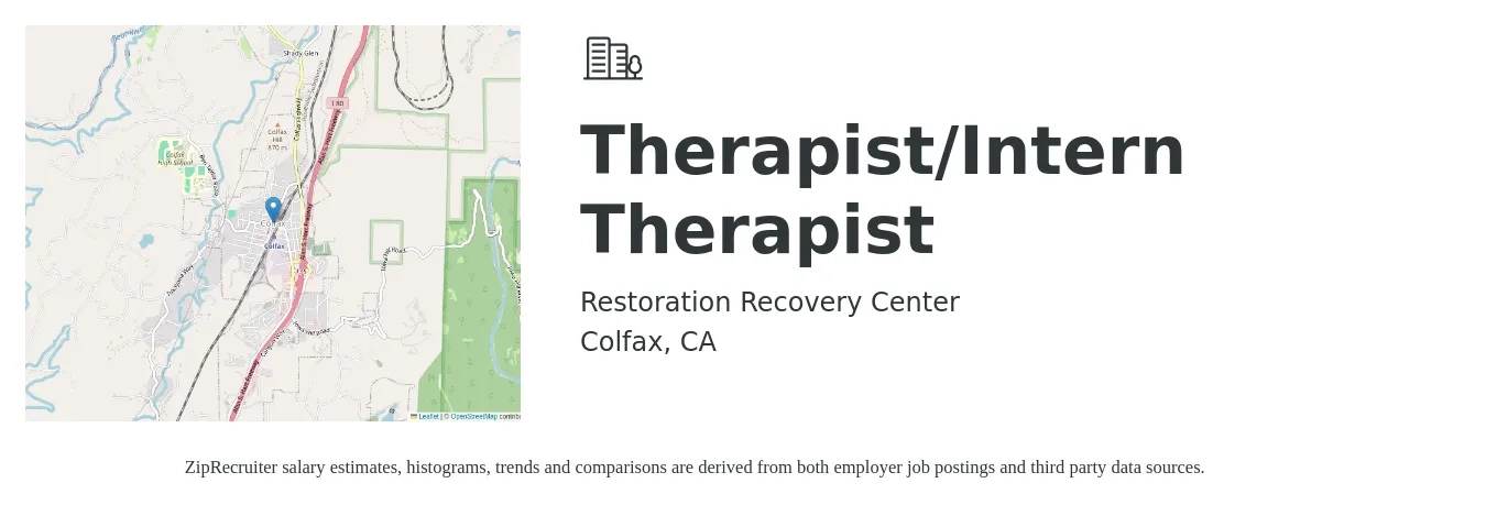 Restoration Recovery Center job posting for a Therapist/Intern Therapist in Colfax, CA with a salary of $50 Hourly with a map of Colfax location.
