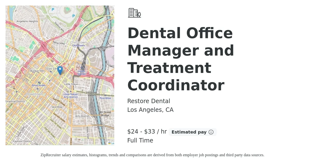 Restore Dental job posting for a Dental Office Manager and Treatment Coordinator in Los Angeles, CA with a salary of $25 to $35 Hourly with a map of Los Angeles location.