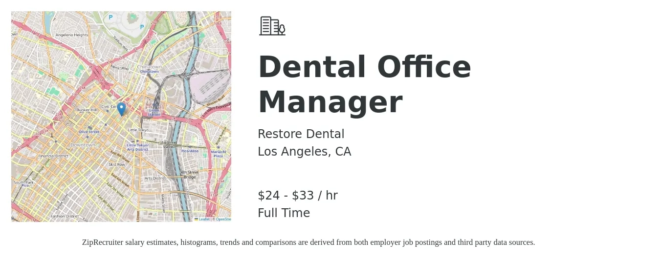 Restore Dental job posting for a Dental Office Manager in Los Angeles, CA with a salary of $25 to $35 Hourly with a map of Los Angeles location.