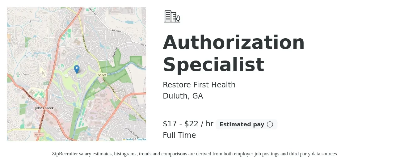 Restore First Health job posting for a Authorization Specialist in Duluth, GA with a salary of $18 to $23 Hourly with a map of Duluth location.