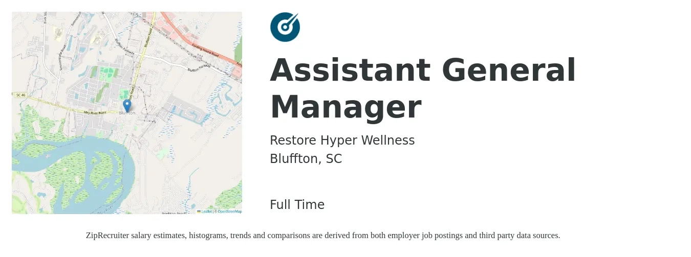Restore Hyper Wellness job posting for a Assistant General Manager in Bluffton, SC with a salary of $15 to $23 Hourly with a map of Bluffton location.