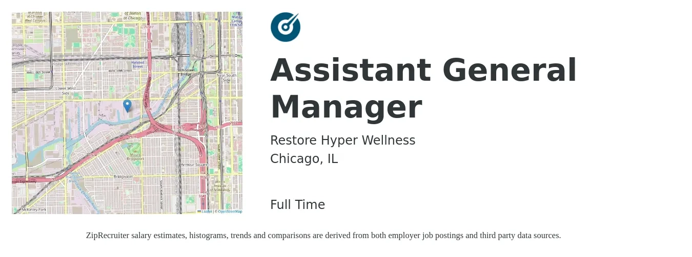 Restore Hyper Wellness job posting for a Assistant General Manager in Chicago, IL with a salary of $17 to $26 Hourly with a map of Chicago location.