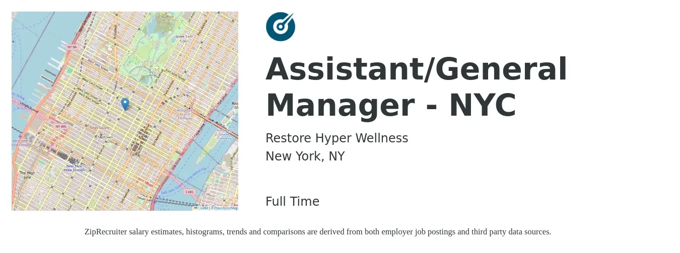 Restore Hyper Wellness job posting for a Assistant/General Manager - NYC in New York, NY with a salary of $90,000 Yearly with a map of New York location.