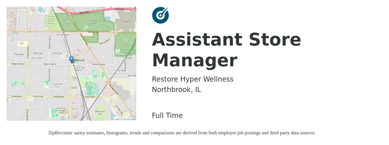 Restore Hyper Wellness job posting for a Assistant Store Manager in Northbrook, IL with a salary of $16 to $23 Hourly with a map of Northbrook location.