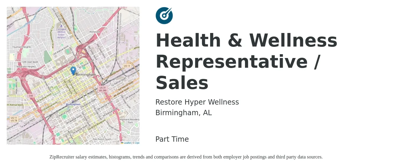 Restore Hyper Wellness job posting for a Health & Wellness Representative / Sales in Birmingham, AL with a map of Birmingham location.