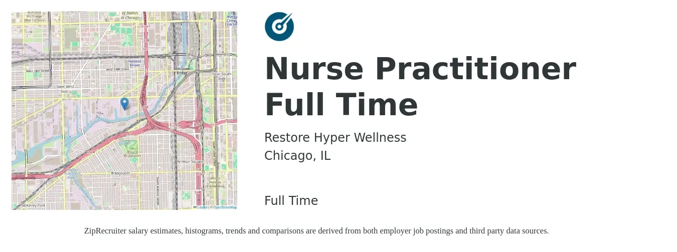 Restore Hyper Wellness job posting for a Nurse Practitioner Full Time in Chicago, IL with a salary of $111,200 to $154,500 Yearly with a map of Chicago location.