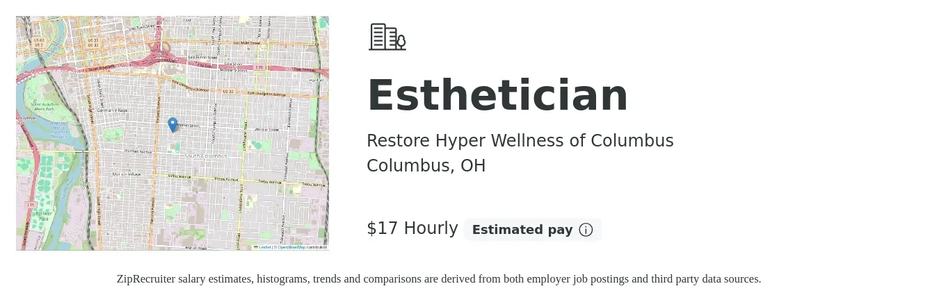 Restore Hyper Wellness of Columbus job posting for a Esthetician in Columbus, OH with a salary of $18 Hourly with a map of Columbus location.