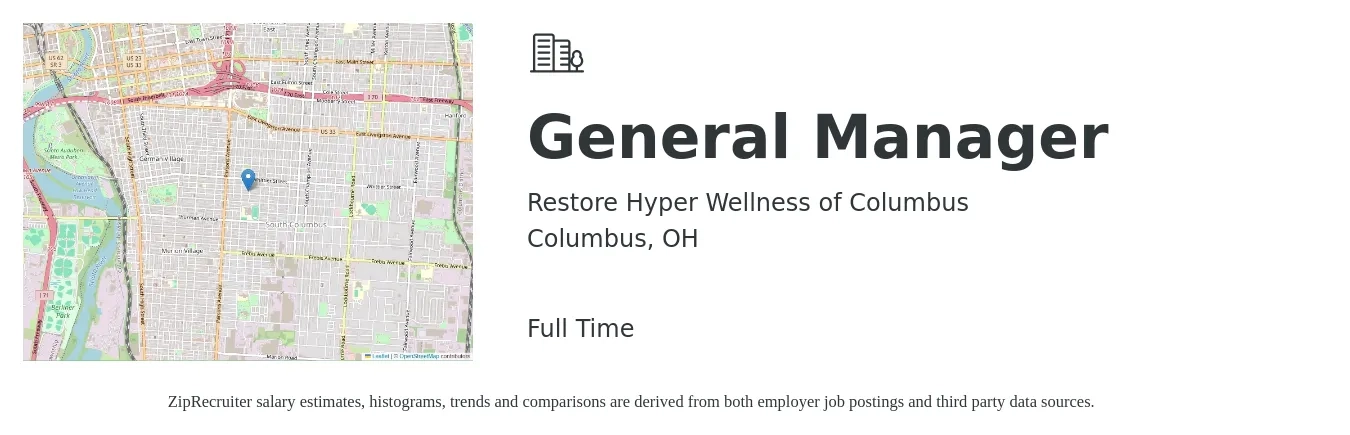 Restore Hyper Wellness of Columbus job posting for a General Manager in Columbus, OH with a salary of $45,000 to $55,000 Yearly with a map of Columbus location.